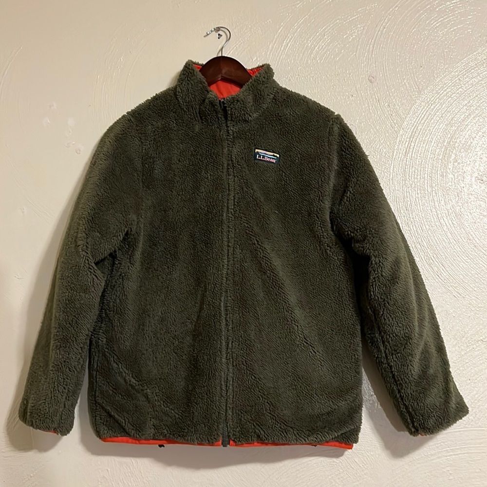 L.L. Bean Olive Green Fleece Puffer Jacket with Orange Trim